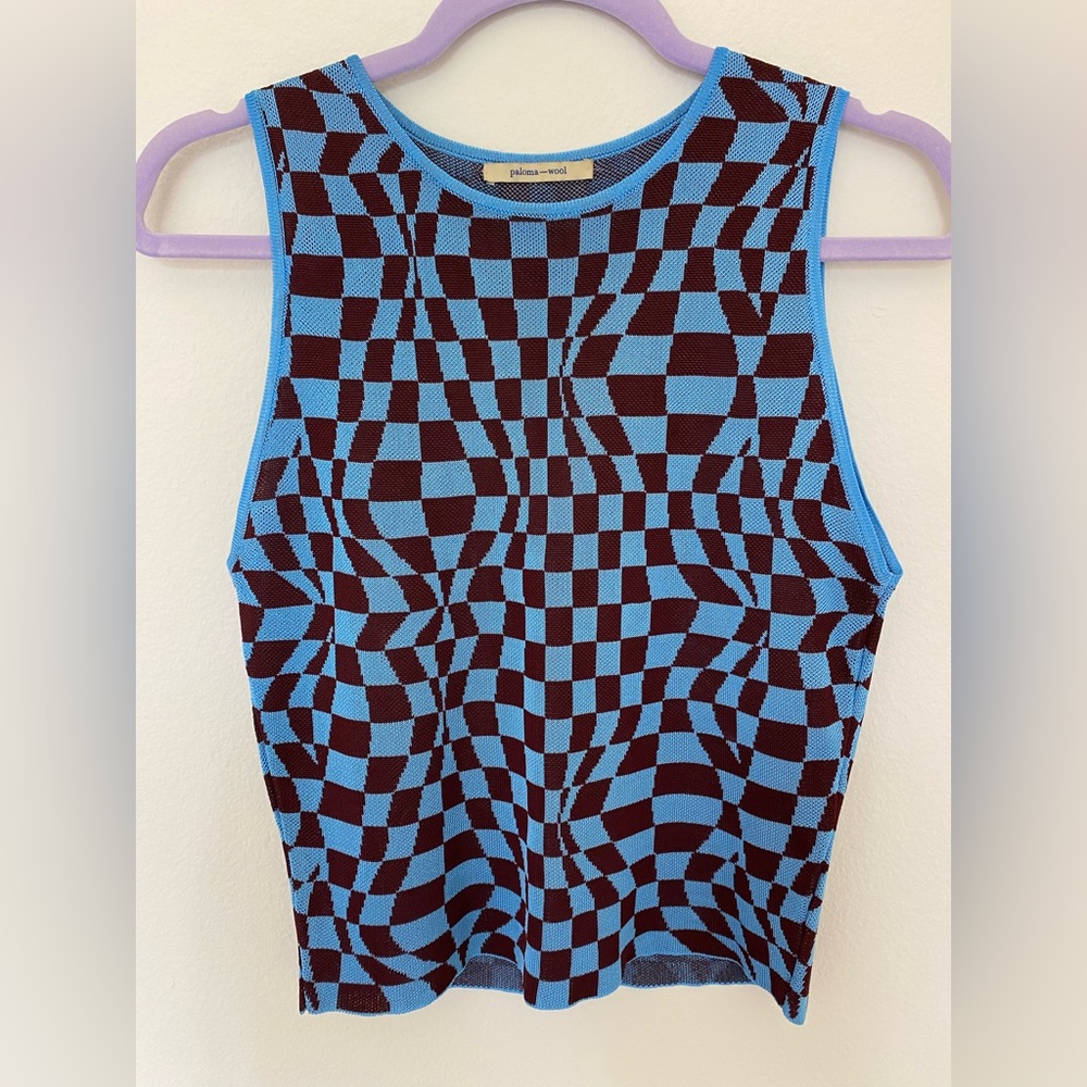 Size M Paloma Wool Blue/Deep Burgundy Checkered ‘Enya’ Top